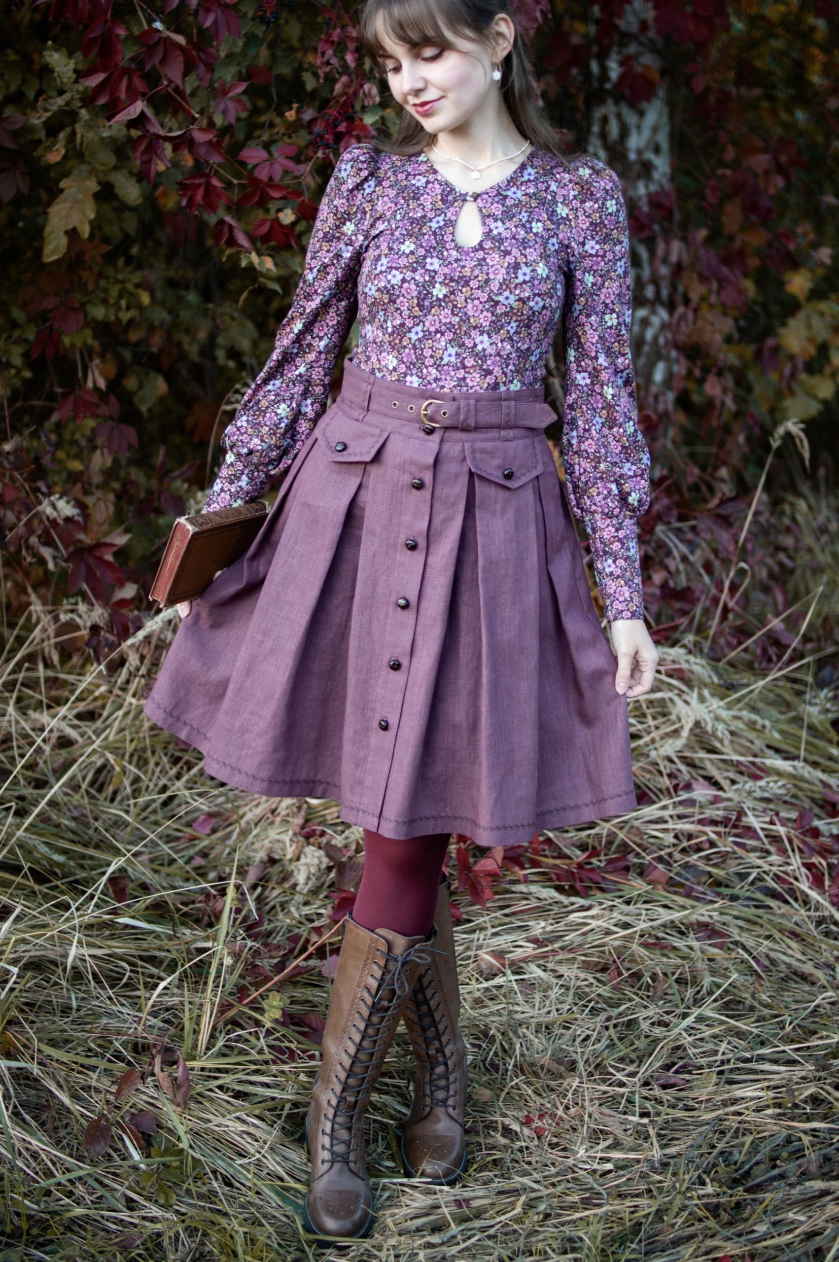 Old purple linen pleated embroidered skirt